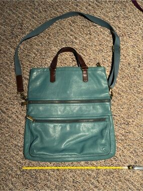 Women’s Fossil Teal Leather Convertible Crossbody Bag with Brown Accents